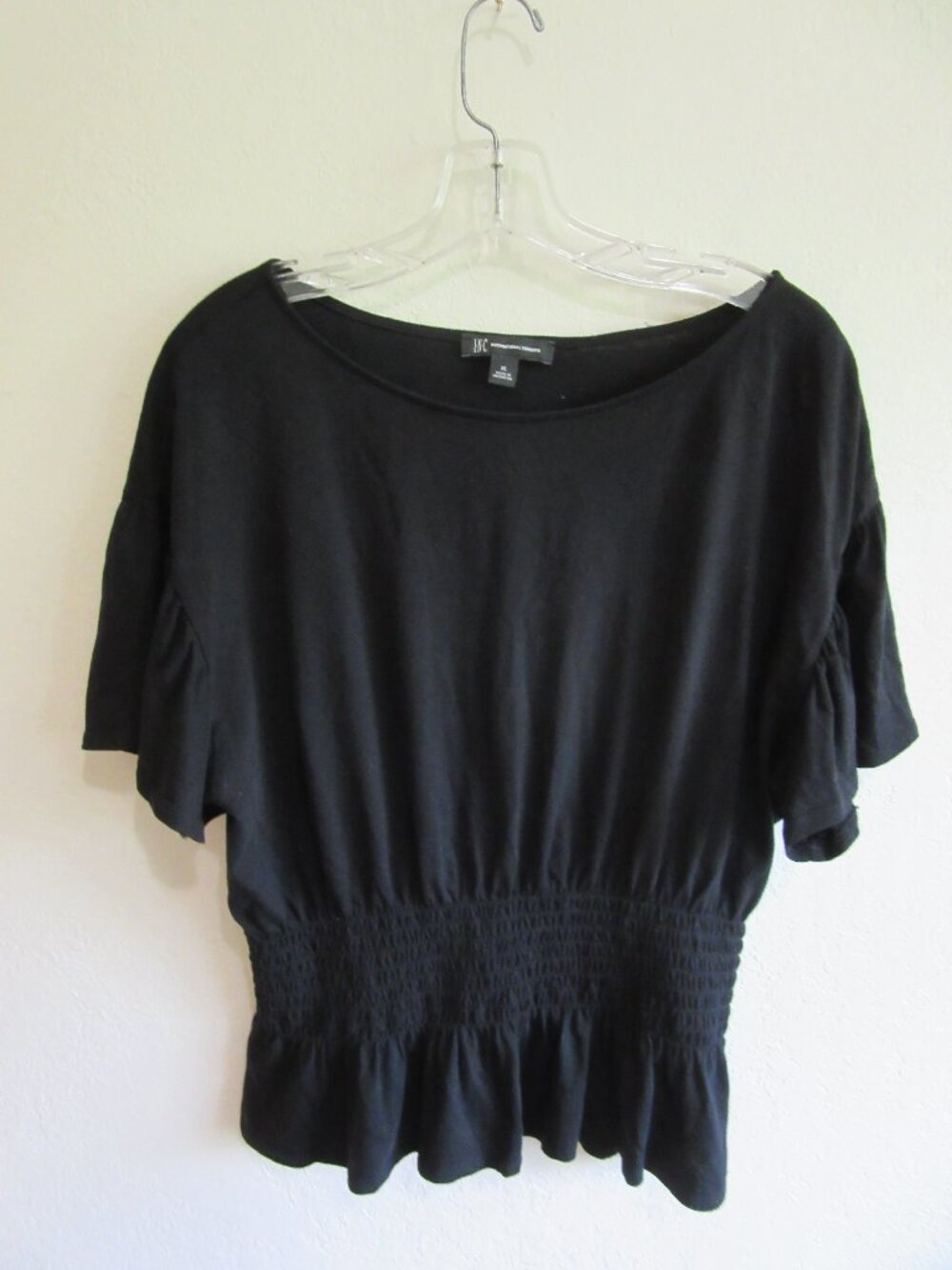 INC International Concepts Black XL Smocked Fluttered Short Sleeve Blouse